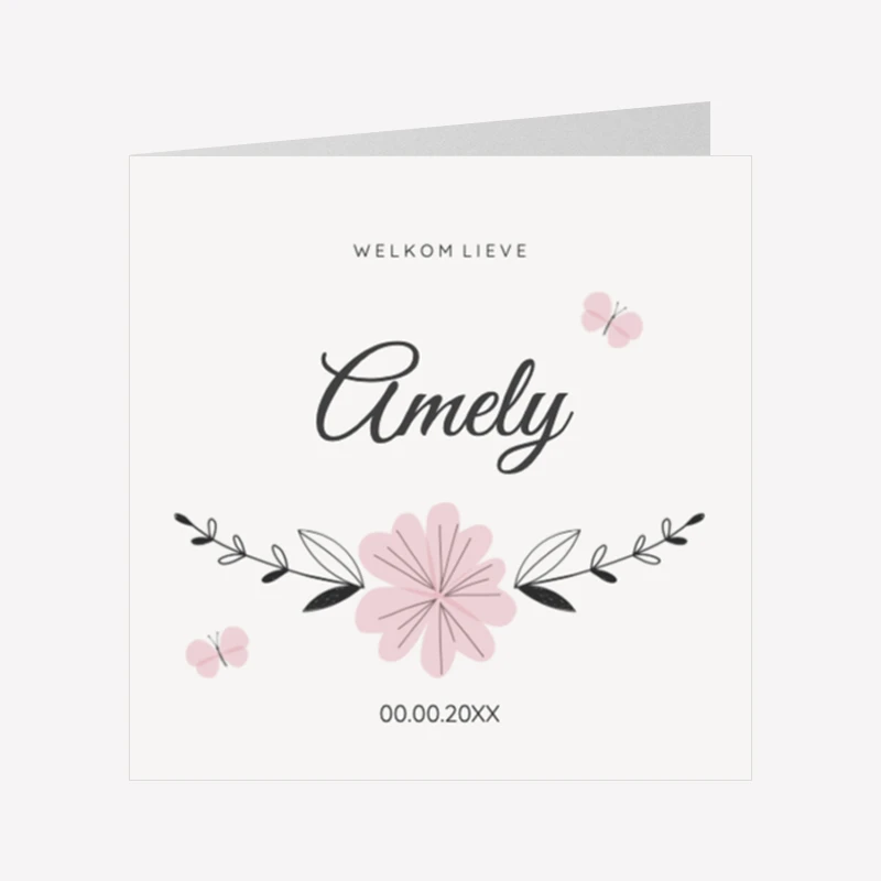 Geboortekaartje Bloem Vlinder 14x14 Dubbel