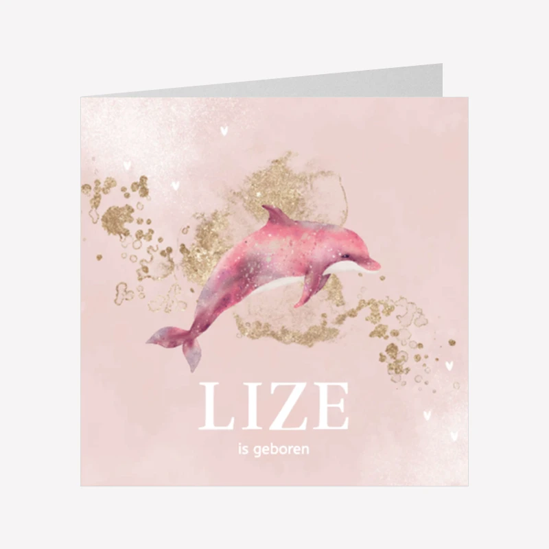 Geboortekaartje Meisje Dolfijn Roze 14x14 Dubbel