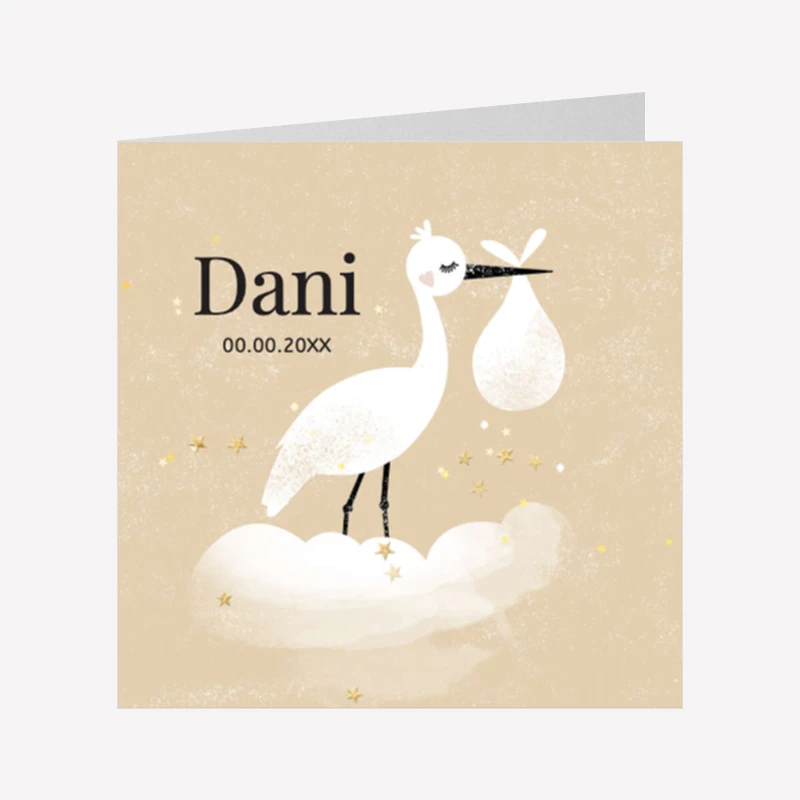 Geboortekaartje Ooievaar Ecru 14x14 Dubbel