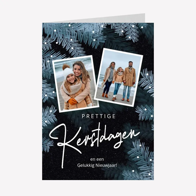 Kerstkaarten met twee Foto's Blauw A6 staand dubbel