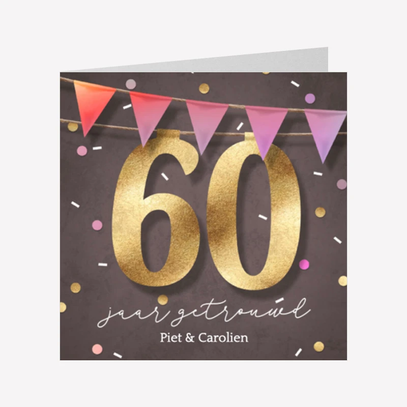 Jubileum Uitnodiging 60 Jaar Getrouwd Vlaggetjes 14x14 Dubbel