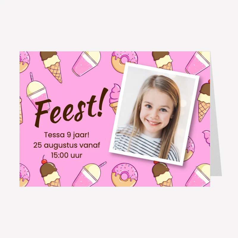 Kinderfeestje Uitnodiging Foto Ijsjes Roze A5 Liggend Dubbel