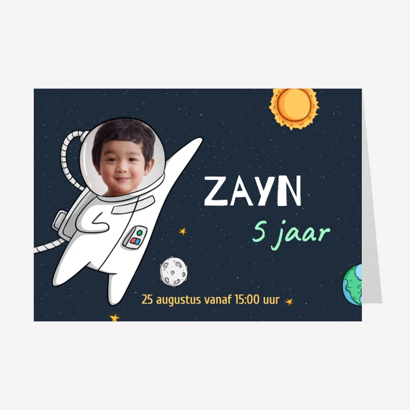 Kinderfeestje Uitnodiging Astronaut Jongen Foto A6 Liggend Dubbel