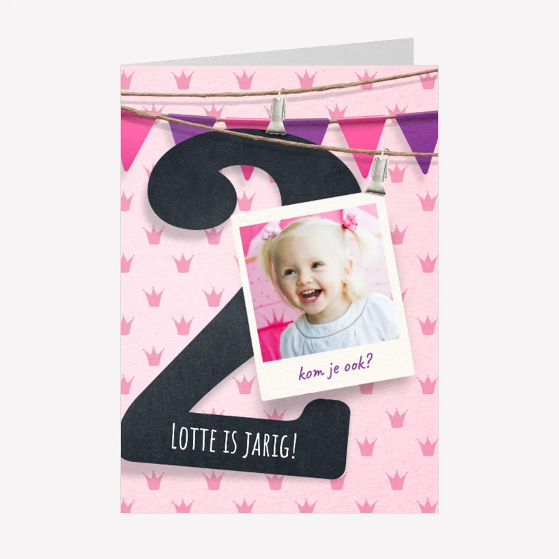 Kinderfeestje Uitnodiging 2 Jaar Foto Meisje Roze A6 Staand Dubbel