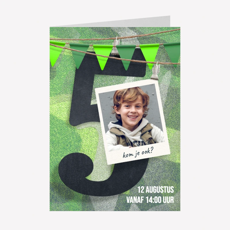 Kinderfeestje Uitnodiging 5 Jaar Foto Jongen Stoer A6 Staand Dubbel