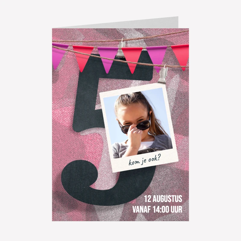 Kinderfeestje Uitnodiging 5 Jaar Foto Meisje Stoer A6 Staand Dubbel