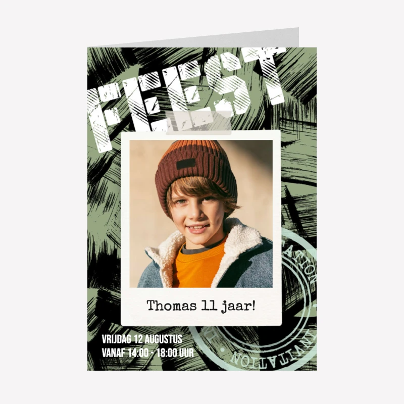 Kinderfeestje Uitnodiging Stoer Foto Jongen A6 Staand Dubbel