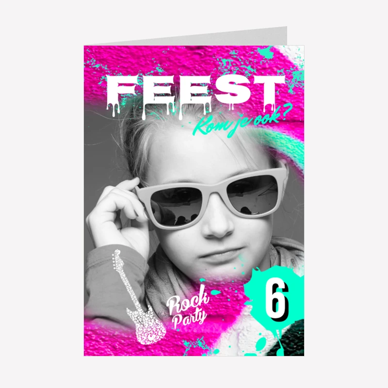 Kinderfeestje Uitnodiging Stoer Foto Meisje Roze Graffiti A6 Staand Dubbel