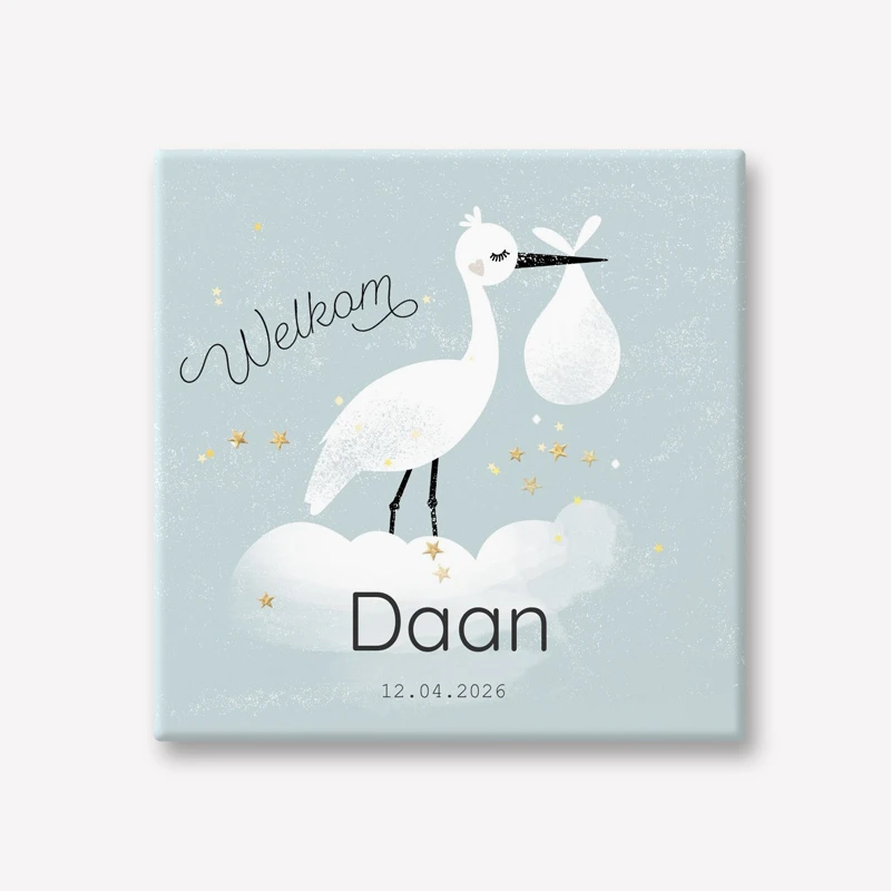 Ooievaar geboorte tegeltje jongen gepersonaliseerd kraamcadeau met naam
